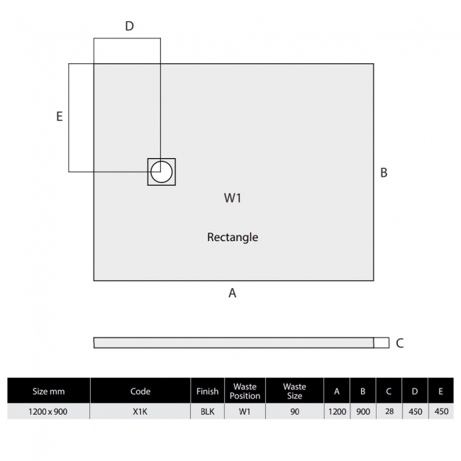MX Minerals Jet Black Slate Effect Rectangular Shower Tray 1200mm x 900mm