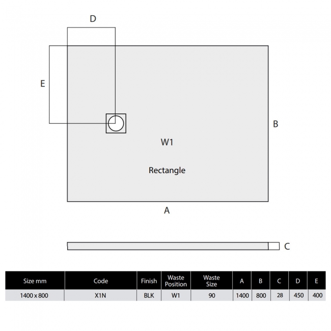MX Minerals Jet Black Slate Effect Rectangular Shower Tray 1400mm x 800mm  | Dimension Image