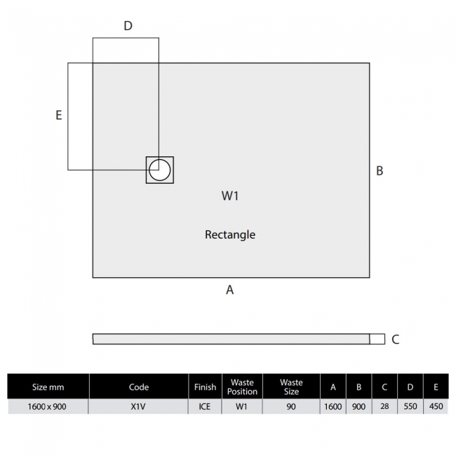 MX Minerals Ice White Slate Effect Rectangular Shower Tray 1600mm x 900mm  | Dimension Image
