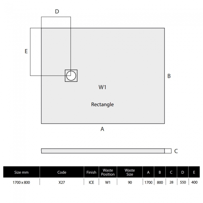 MX Minerals Ice White Slate Effect Rectangular Shower Tray 1700mm x 800mm  | Dimension Image