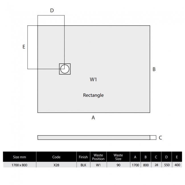 MX Minerals Jet Black Slate Effect Rectangular Shower Tray 1700mm x 800mm  | Dimension Image