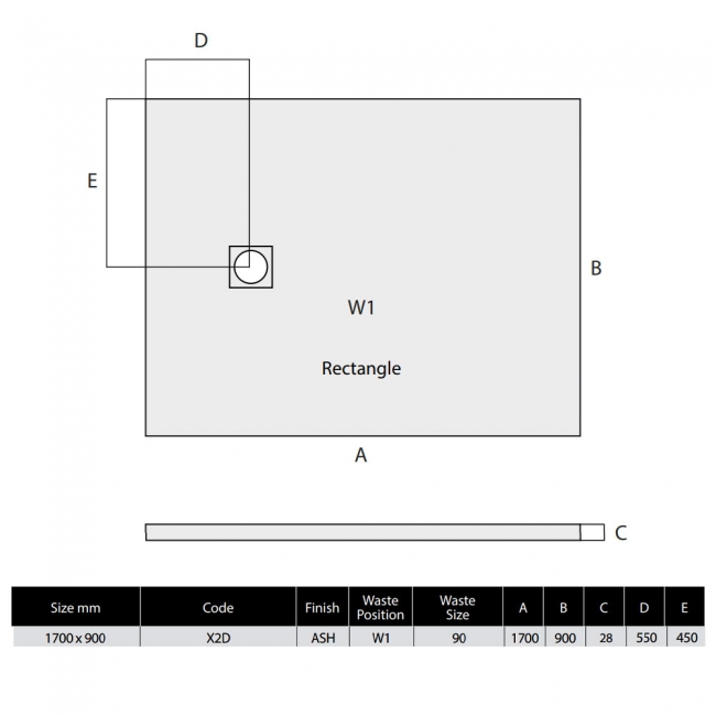 MX Minerals Ash Grey Slate Effect Rectangular Shower Tray 1700mm x 900mm  | Dimension Image