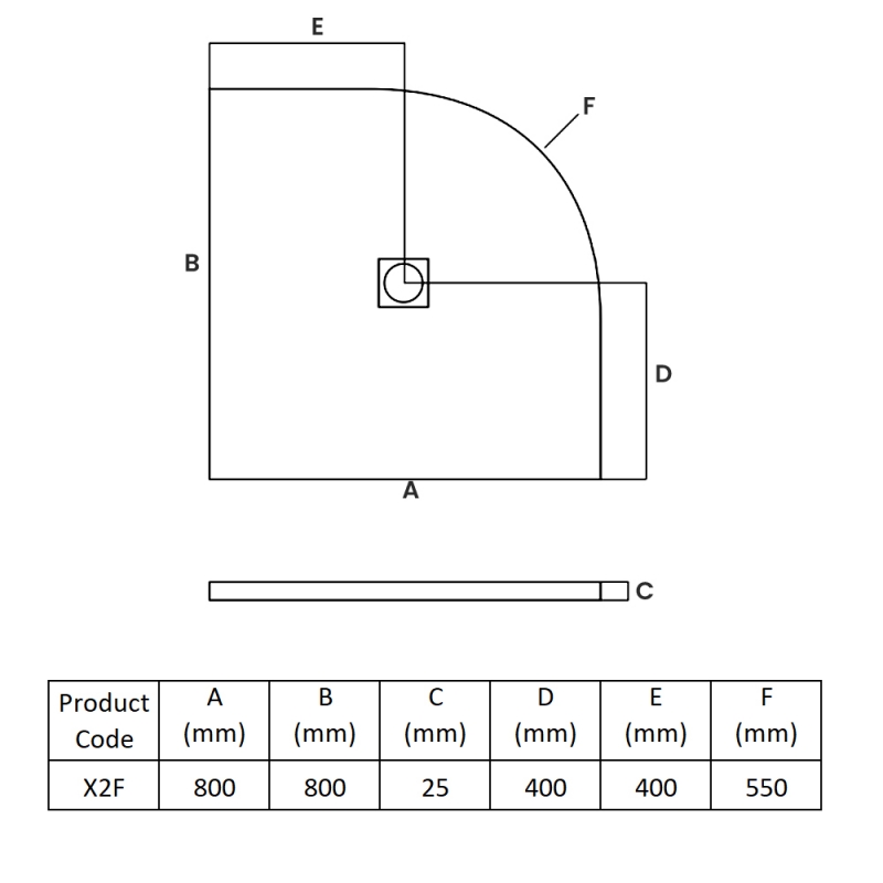MX Minerals Ice White Slate Effect Quadrant Shower Tray 800mm x 800mm  | Dimension Image
