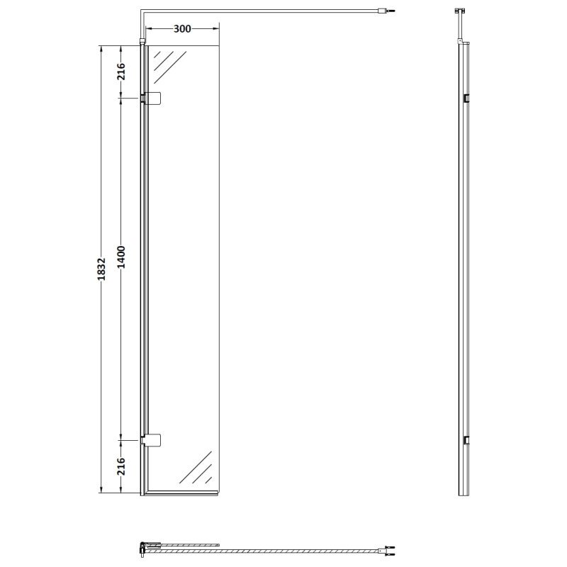 Nuie Wet Room Hinged Return Panel 1850mm High x 300mm Wide 8mm Glass - Brushed Brass