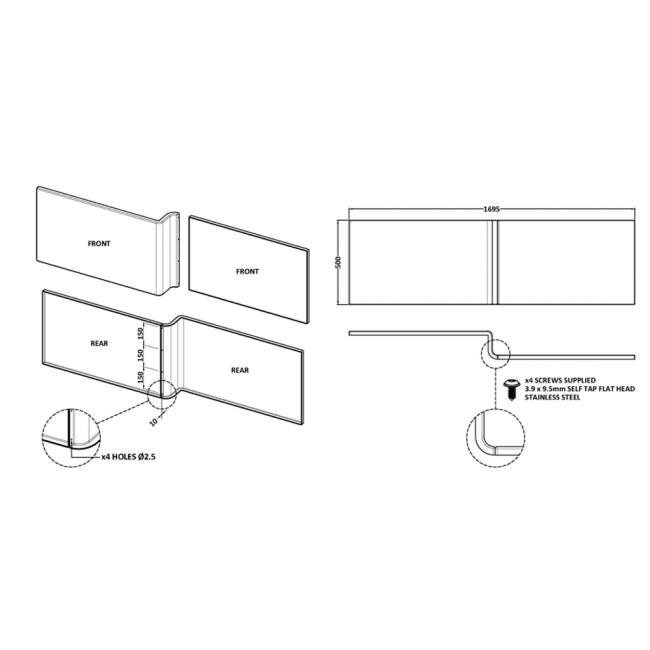Nuie L-Shaped Shower Bath Front Panel 500mm H x 1700mm W (2 Piece) - Acrylic