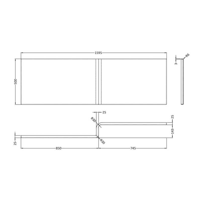 Nuie L-Shaped Shower Bath Front Panel 500mm H X 1600mm W - Acrylic
