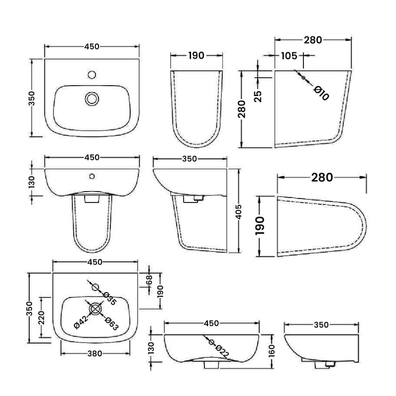 Nuie Ambrose Basin and Semi Pedestal 450mm Wide - 1 Tap Hole