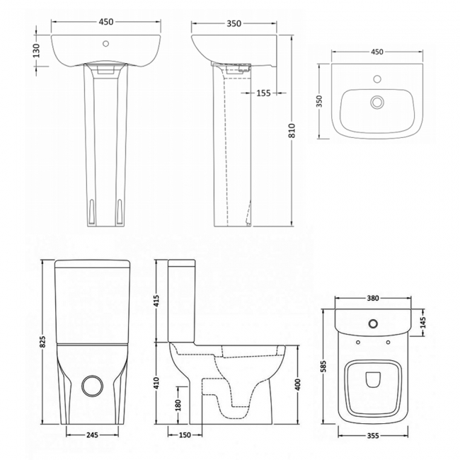 Nuie Ambrose Bathroom Suite Close Coupled Toilet and Basin 450mm - 1 Tap Hole
