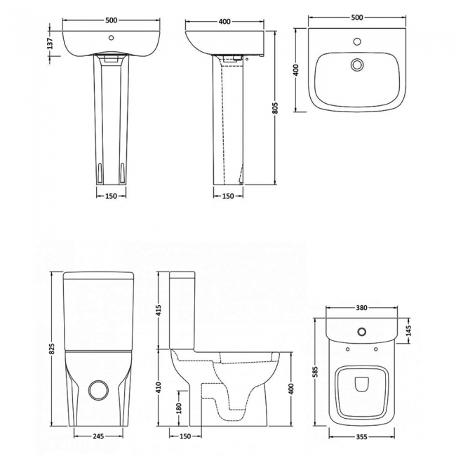 Nuie Ambrose Bathroom Suite Close Coupled Toilet and Basin 500mm - 1 Tap Hole  | Dimension Image