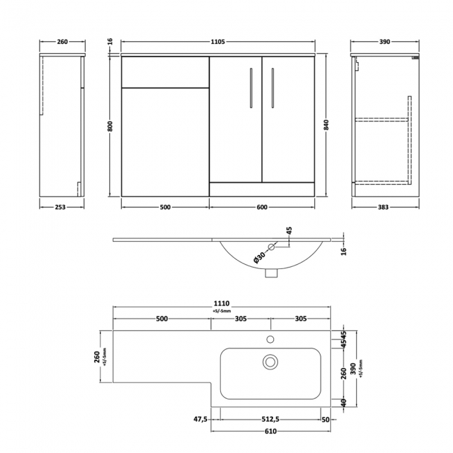 Nuie Arno RH Combination Unit with L-Shaped Stone Textured Basin 1100mm Wide - Satin Green