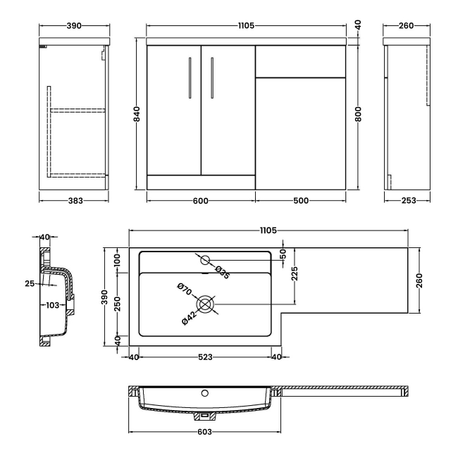 Nuie Arno LH Combination Unit with L-Shape Basin 1100mm Wide - Gloss White