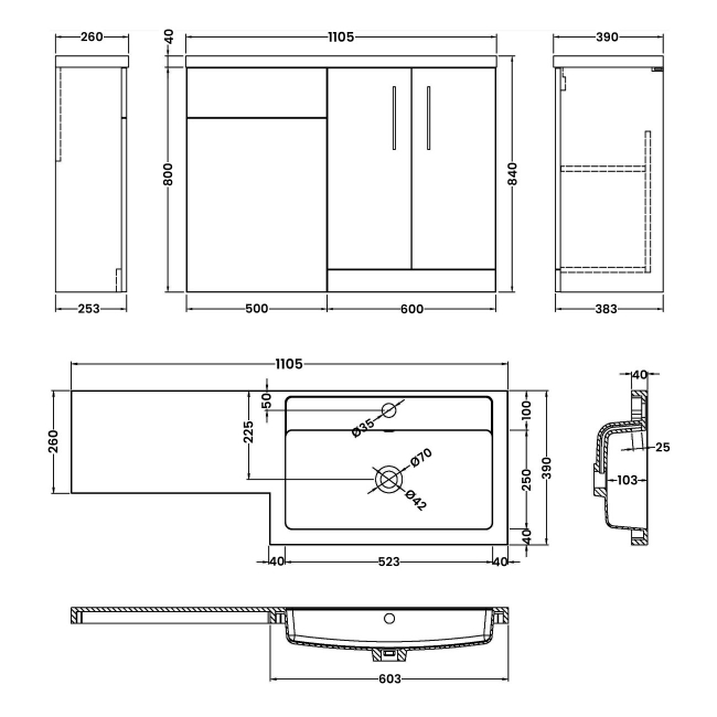 Nuie Arno RH Combination Unit with L-Shape Basin 1100mm Wide - Anthracite Woodgrain
