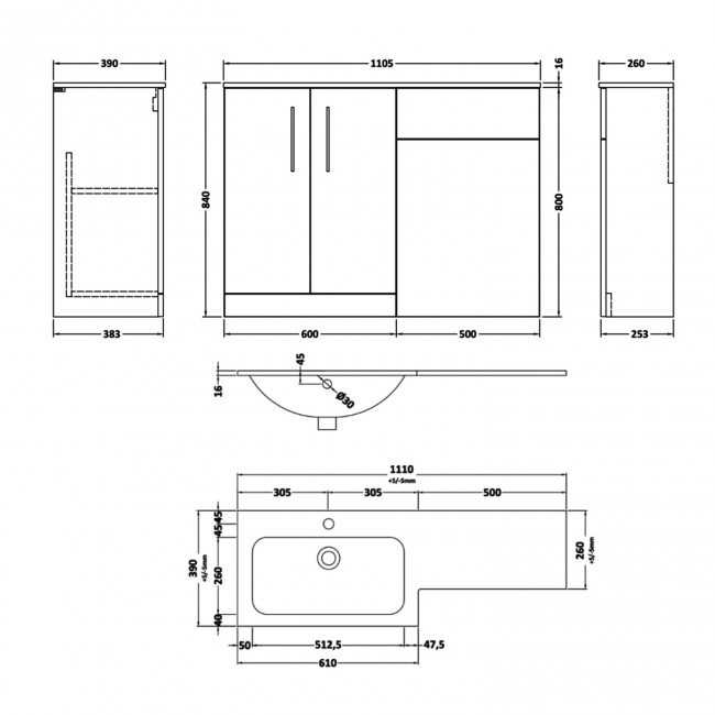 Nuie Arno LH Combination Unit with L-Shaped Stone Basin 1100mm Wide - Satin Green