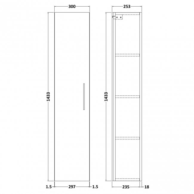 Nuie Arno Wall Hung 1-Door Tall Unit 300mm Wide - Black Woodgrain