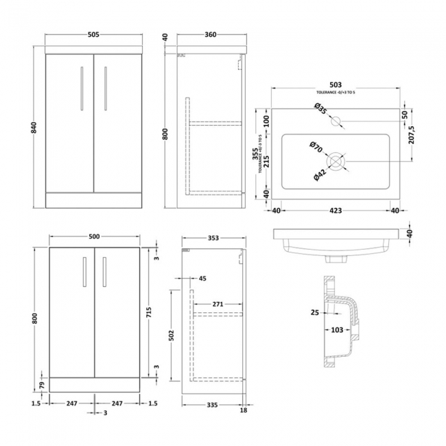Nuie Arno Compact Floor Standing 2-Door Vanity Unit with Polymarble Basin 500mm Wide - Charcoal Black Woodgrain