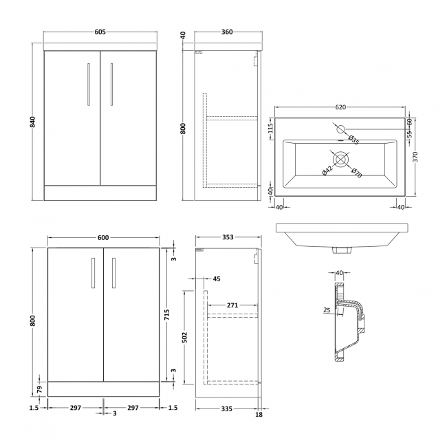 Nuie Arno Compact Floor Standing 2-Door Vanity Unit with Ceramic Basin 600mm Wide - Anthracite Woodgrain