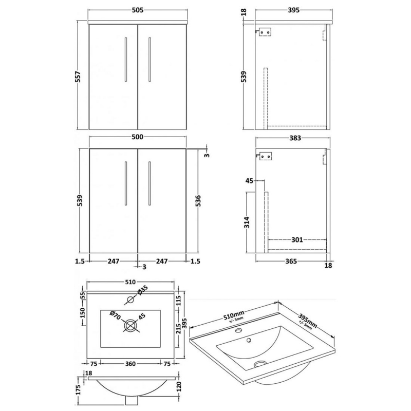 Nuie Arno Wall Hung 2-Door Vanity Unit with Basin-2 500mm Wide - Satin Green
