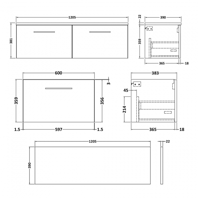 Nuie Arno Wall Hung 2-Drawer Vanity Unit with Carrera Marble Worktop 1200mm Wide - Midnight Blue  | Dimension Image