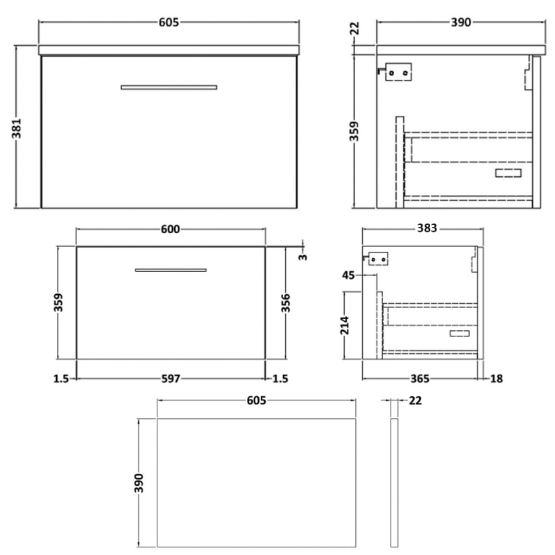 Nuie Arno Wall Hung 1-Drawer Vanity Unit with Sparkling Black Worktop 600mm Wide - Anthracite Woodgrain