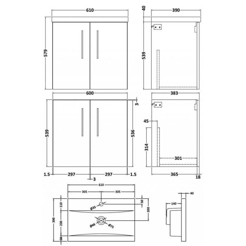 Nuie Arno Wall Hung 2-Door Vanity Unit with Basin-1 600mm Wide - Gloss White