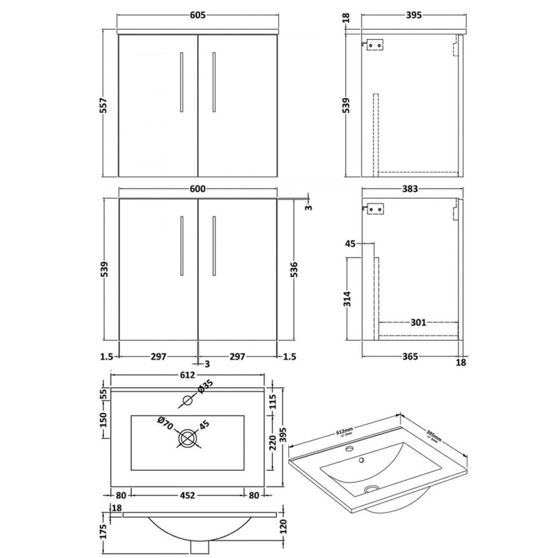 Nuie Arno Wall Hung 2-Door Vanity Unit with Basin-2 600mm Wide - Solace Oak Woodgrain