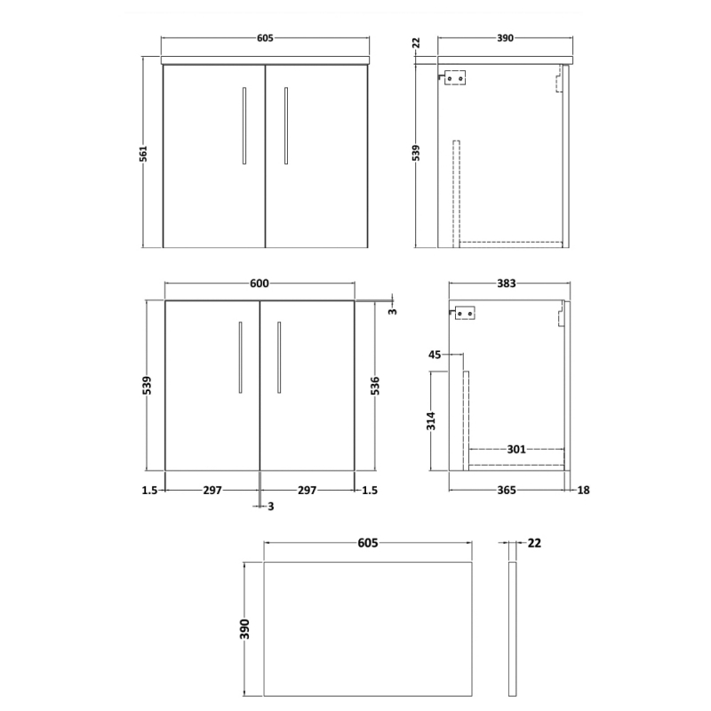 Nuie Arno Wall Hung 2-Door Vanity Unit with Bellato Grey Worktop 600mm Wide - Gloss White
