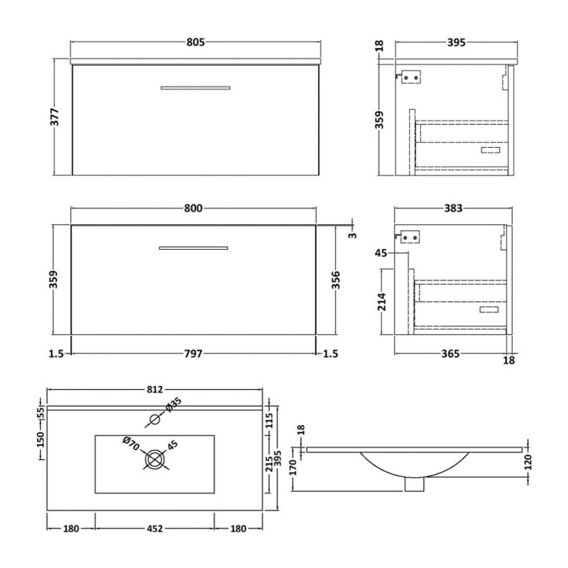 Nuie Arno Wall Hung 1-Drawer Vanity Unit with Basin-2 800mm Wide - Satin Grey