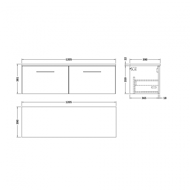 Nuie Arno Wall Hung 2-Drawer Vanity Unit with Bellato Grey Worktop 1200mm Wide - Satin Anthracite  | Dimension Image