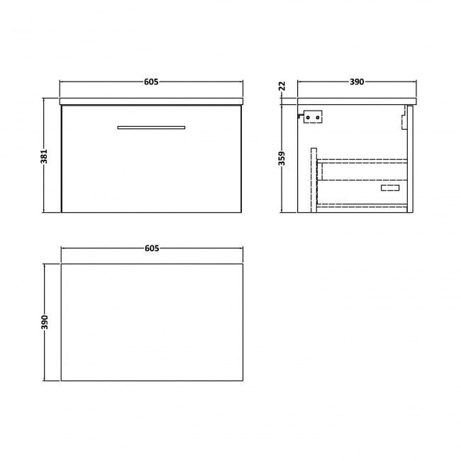 Nuie Arno Wall Hung 1-Drawer Vanity Unit with Carrera Marble Worktop 600mm Wide - Satin Anthracite  | Dimension Image