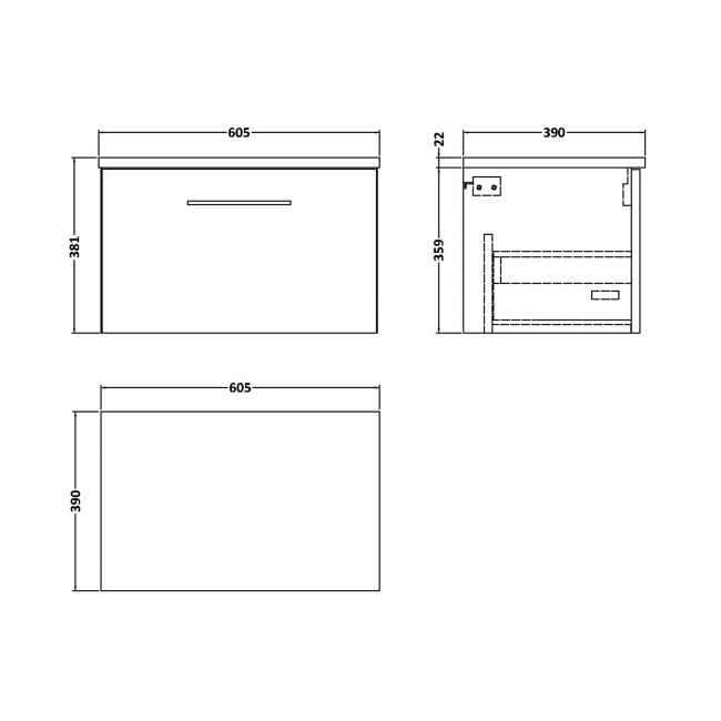 Nuie Arno Wall Hung 1-Drawer Vanity Unit with Carrera Marble Worktop 600mm Wide - Solace oak  | Dimension Image
