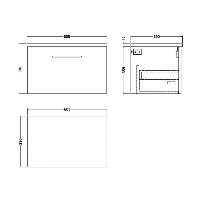 Nuie Arno Wall Hung 1-Drawer Vanity Unit with Carrera Marble Worktop 600mm Wide - Midnight Blue  | Dimension Image