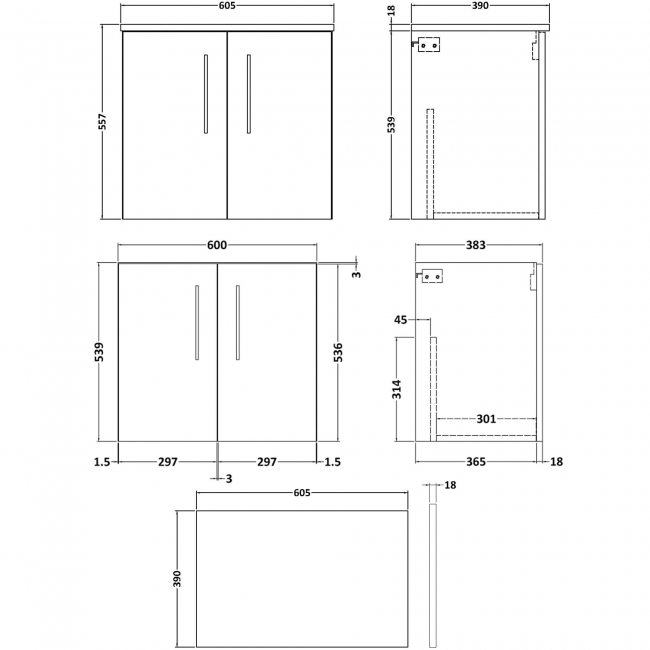 Nuie Arno Wall Hung 2-Door Vanity Unit with Worktop 600mm Wide - Black Woodgrain