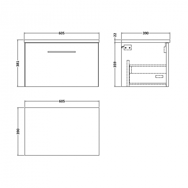 Nuie Arno Wall Hung 1-Drawer Vanity Unit with Carrera Marble Worktop 600mm Wide - Anthracite Woodgrain  | Dimension Image