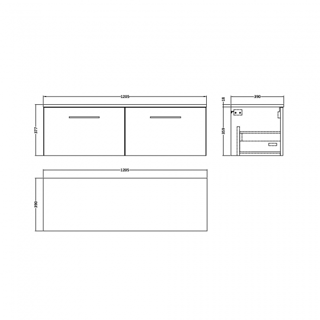 Nuie Arno Wall Hung 2-Drawer Vanity Unit with Worktop 1200mm Wide - Bleached Oak  | Dimension Image