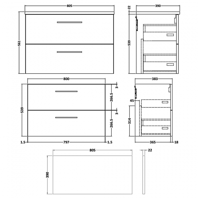 Nuie Arno Wall Hung 2-Drawer Vanity Unit with Carrera Marble Worktop 800mm Wide - Charcoal Black Woodgrain  | Dimension Image