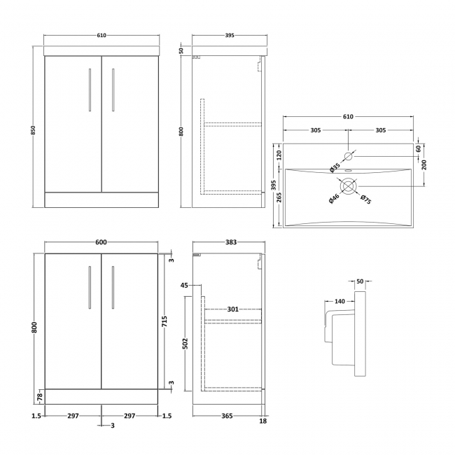 Nuie Arno Floor Standing 2-Door Vanity Unit with Basin-3 600mm Wide - Satin Grey