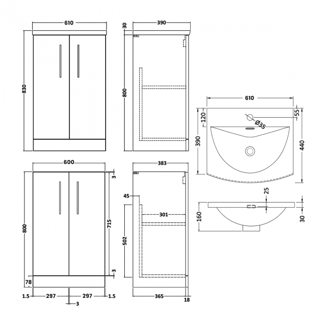 Nuie Arno Floor Standing 2-Door Vanity Unit with Basin-4 600mm Wide - Anthracite Woodgrain