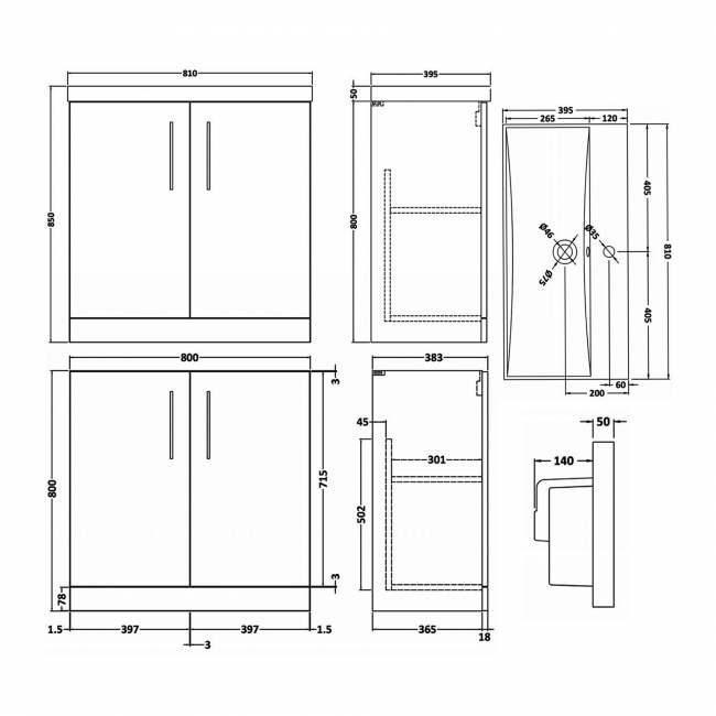 Nuie Arno Floor Standing 2-Door Vanity Unit with Basin-3 800mm Wide - Solace Oak Woodgrain
