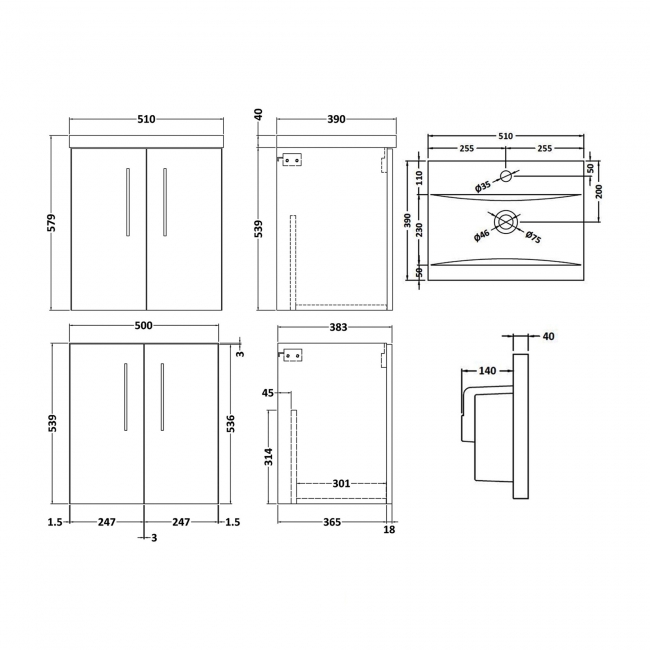 Nuie Arno Wall Hung 2-Door Vanity Unit with Basin-1 500mm Wide - Black Woodgrain