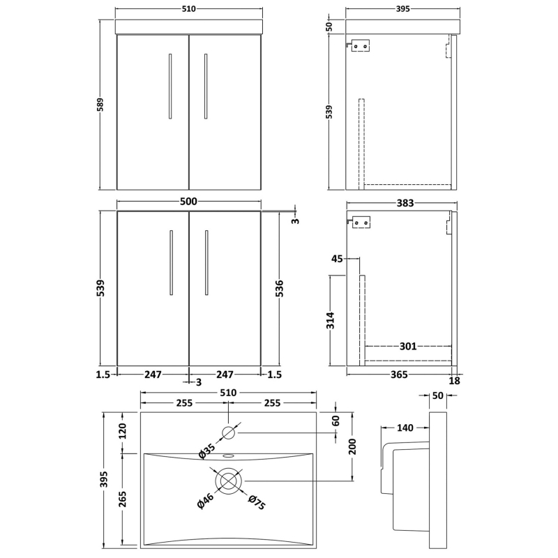 Nuie Arno Wall Hung 2-Door Vanity Unit with Basin-3 500mm Wide - Anthracite Woodgrain