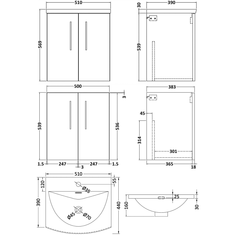 Nuie Arno Wall Hung 2-Door Vanity Unit with Basin-4 500mm Wide - Black Woodgrain