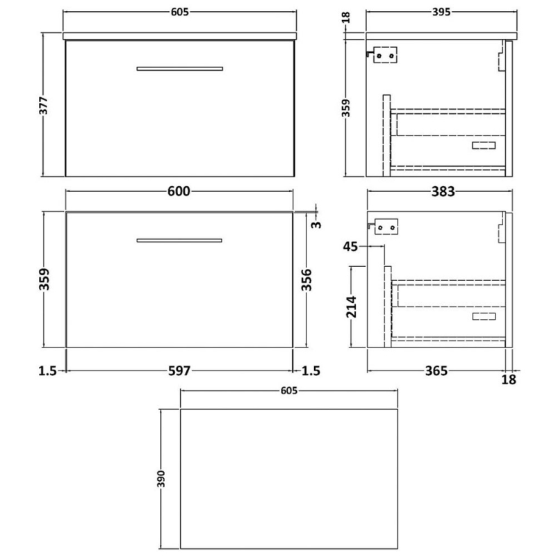 Nuie Arno Wall Hung 1-Drawer Vanity Unit with Worktop 600mm Wide - Charcoal Black