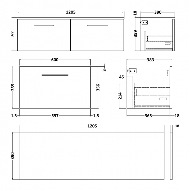 Nuie Arno Wall Hung 2-Drawer Vanity Unit with Worktop 1200mm Wide - Charcoal Black