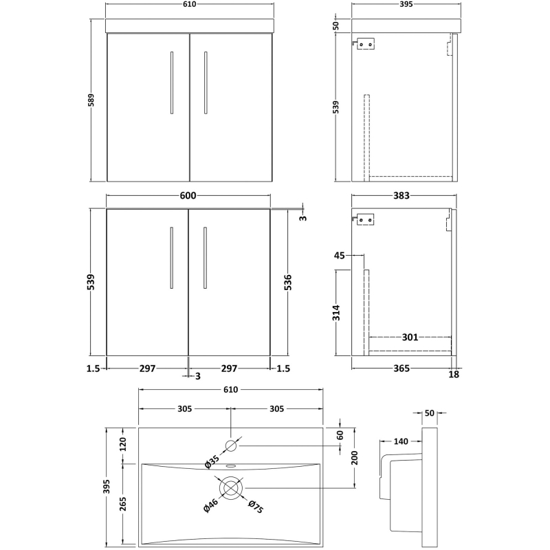 Nuie Arno Wall Hung 2-Door Vanity Unit with Basin-3 600mm Wide - Black Woodgrain