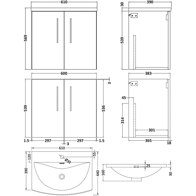 Nuie Arno Wall Hung 2-Door Vanity Unit with Basin-4 600mm Wide - Black Woodgrain