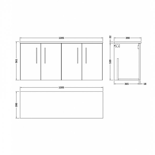 Nuie Arno Wall Hung 4-Door Vanity Unit with Bellato Grey Worktop 1200mm Wide - Midnight Blue