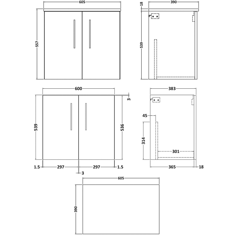 Nuie Arno Wall Hung 2-Door Vanity Unit with Worktop 600mm Wide - Anthracite Woodgrain