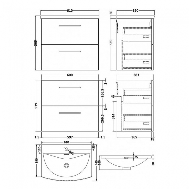 Nuie Arno Wall Hung 2-Drawer Vanity Unit with Basin-4 600mm Wide - Satin Anthracite