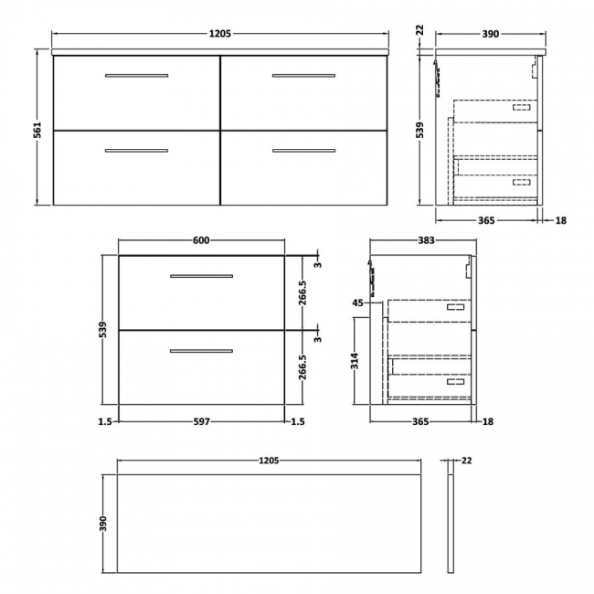 Nuie Arno Wall Hung 4-Drawer Vanity Unit with Bellato Grey Worktop 1200mm Wide - Charcoal Black Woodgrain  | Dimension Image