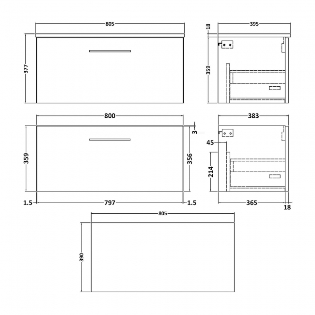Nuie Arno Wall Hung 1-Drawer Vanity Unit with Worktop 800mm Wide - Satin Green